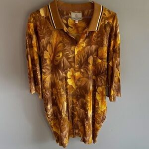 Vintage London Fog Button Down T-Shirt Brown and Yellow Leaves NWT size large